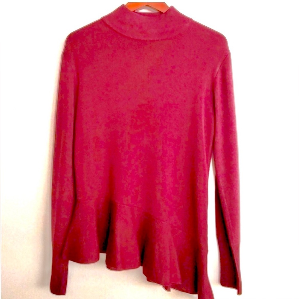 Neiman Marcus Raspberry Asymmetric High Neck Long Sleeve Ruffle Hem Sweater Sz M - Picture 5 of 5